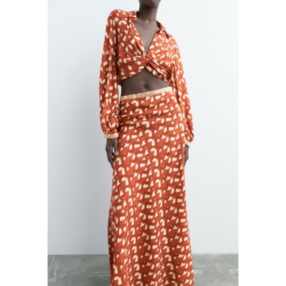ZARA SET Linen Blend Terracotta Orange Print Beaded Midi Skirt & Top